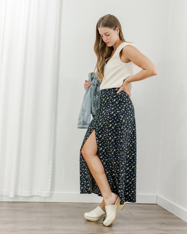Button Front Floral Skirt